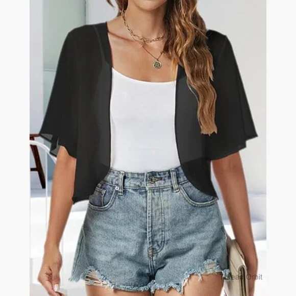 Chiffon Shrug Cardigan Short Sleeve Open Front Bolero for Evening Dressy - Picture 2 of 7